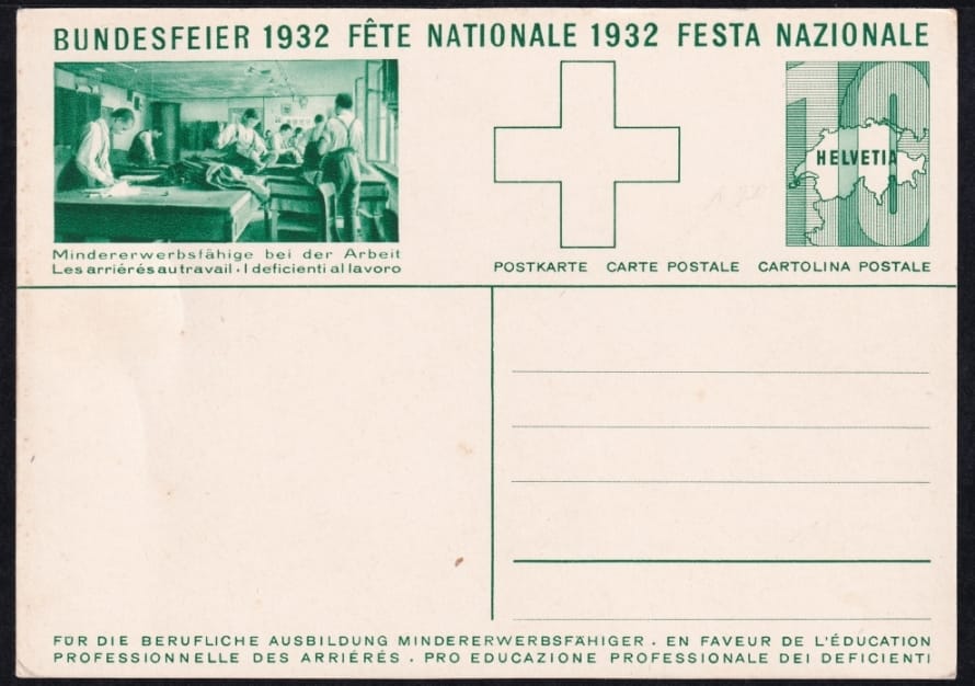 Schweiz Bundesfeierkarten 1932, Bundesfeier am Bielersee 10 Rp., Männer in Schneiderei, nicht gelaufen