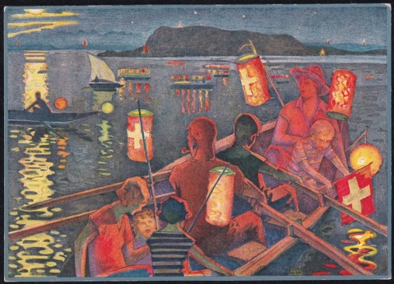 Schweiz Bundesfeierkarten 1932, Bundesfeier am Bielersee 10 Rp., Männer in Schneiderei, nicht gelaufen – Bild 2