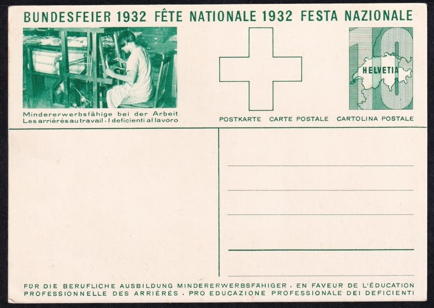 Schweiz Bundesfeierkarten 1932 Rütlischwur 10 Rp., Frau am Webstuhl, nicht gelaufen