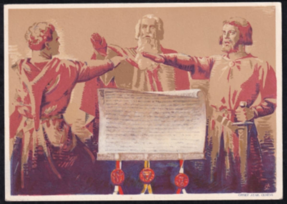 Schweiz Bundesfeierkarten 1932 Rütlischwur 10 Rp., Frau am Webstuhl, nicht gelaufen – Bild 2