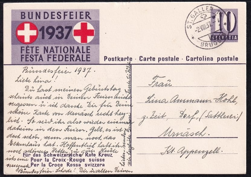 Schweiz Bundesfeierkarten 1937 Sanitätssoldat, Künstlervermerk braun 10 Rp.