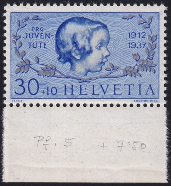 Schweiz Pro Juventute 1937 SBK Nr. J84 Pf. 2.05 postfrisch ** Bogenrand