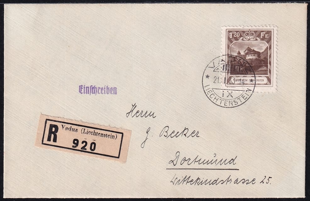 Liechtenstein 1933 Mi. Nr. 105A auf portgerechtem R-Brief bis 80 Gramm mit Ankunftsstempel