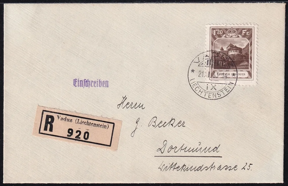 Liechtenstein 1933 Mi. Nr. 105A auf portgerechtem R-Brief bis 80 Gramm mit Ankunftsstempel