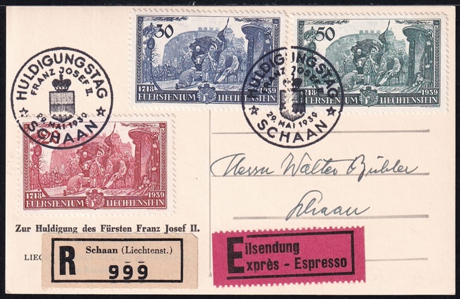 Liechtenstein 1939 Mi. Nr. 180 bis 182 (Pf. 182 II) auf Karte als FDC mit Ankunftsstempel