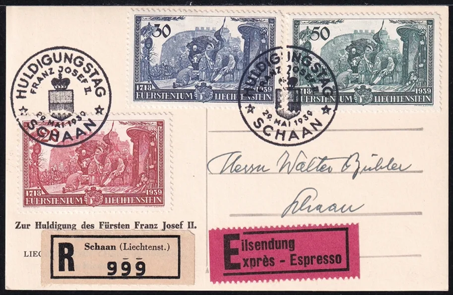 Liechtenstein 1939 Mi. Nr. 180 bis 182 (Pf. 182 II) auf Karte als FDC mit Ankunftsstempel