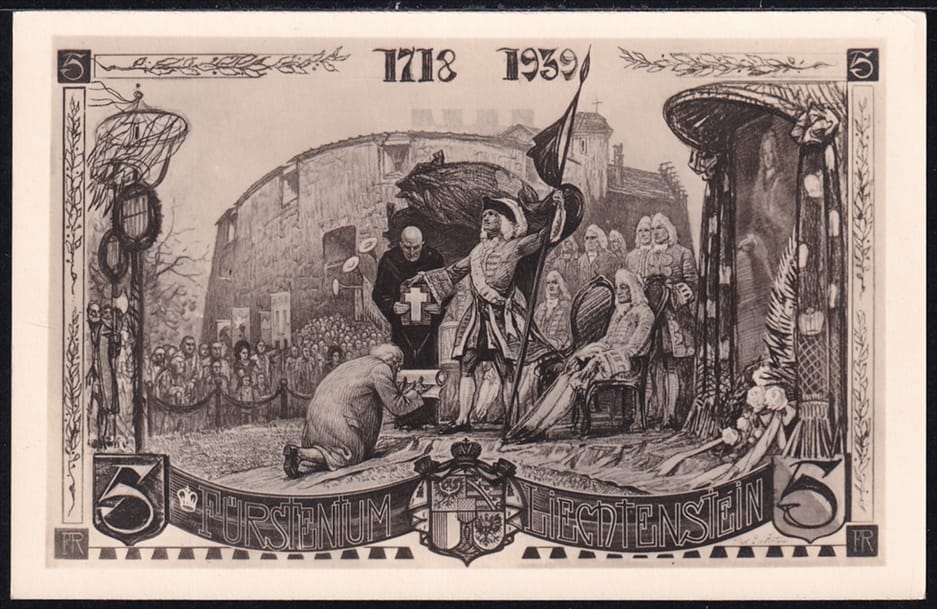 Liechtenstein 1939 Mi. Nr. 180 bis 182 (Pf. 182 II) auf Karte als FDC mit Ankunftsstempel – Bild 2