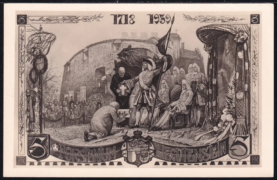 Liechtenstein 1939 Mi. Nr. 180 bis 182 (Pf. 182 II) auf Karte als FDC mit Ankunftsstempel – Bild 2