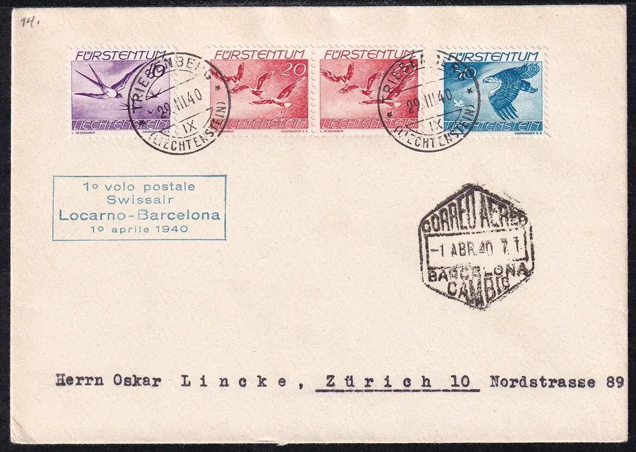 Liechtenstein, Flugpost, Erstflug Locarno-Barcelona, F92b