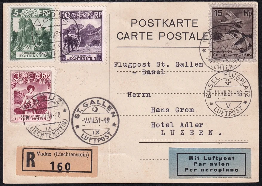 Liechtenstein, Flugpost, St-Gallen-Basel