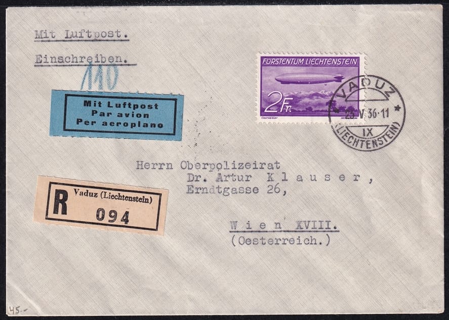 Liechtenstein, Flugpost, Zürich-Wien