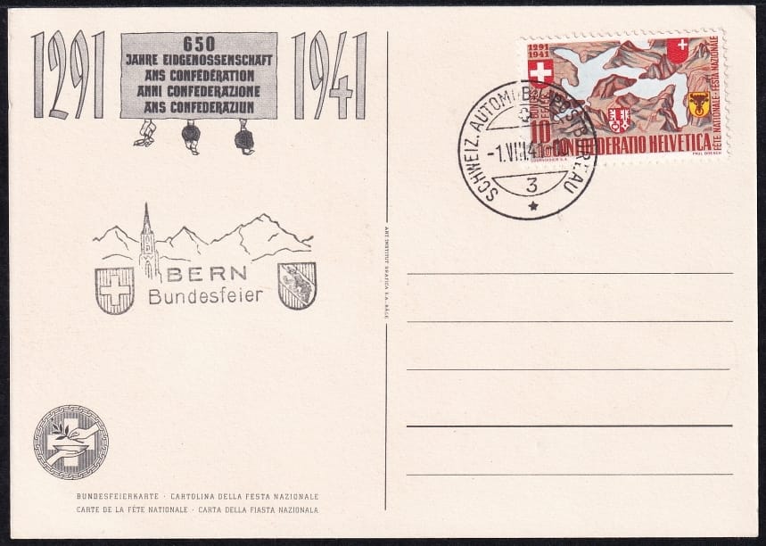 Schweiz Bundesfeierkarten 1941, Eidgenosse, gestempelt 1.8. Automobilpost Bern, Stempel schwarz