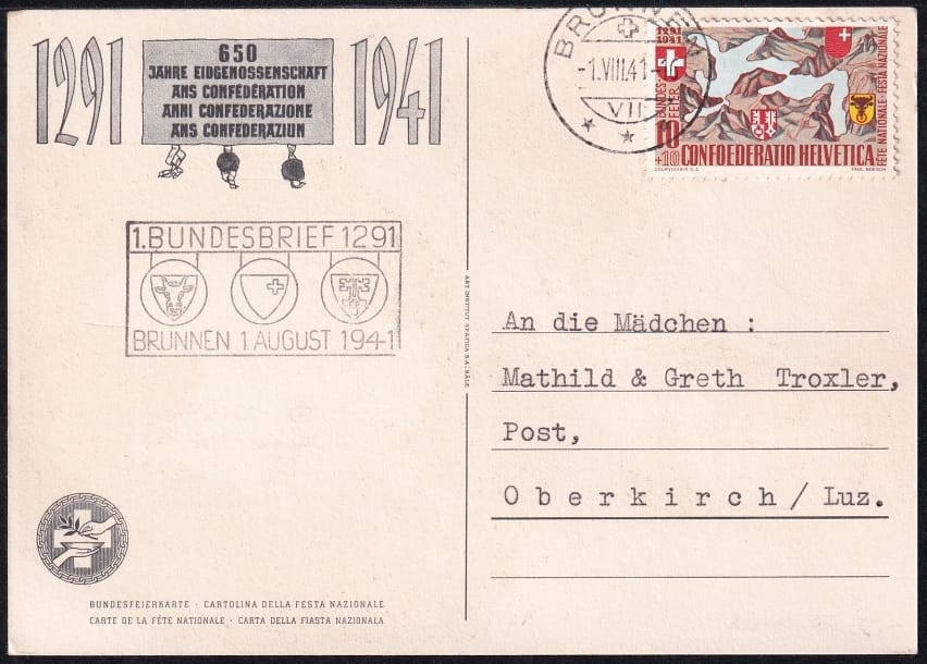 Schweiz Bundesfeierkarten 1941, Eidgenosse, gestempelt 1.8. Sonderstempel Bundesbrief 1291, Brunnen