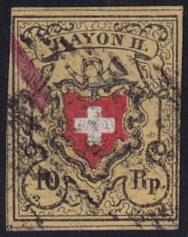 Schweiz Rayon II SBK Nr.16 II Type 24 Stein A1-O, eidg. Raute und roter Tintenstrich