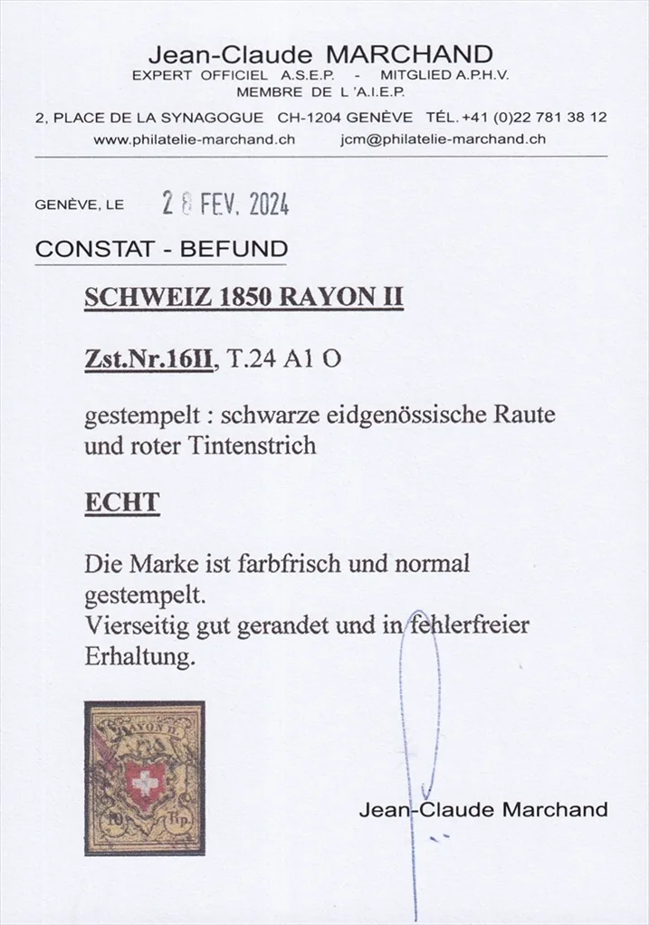 Schweiz Rayon II SBK Nr.16 II Type 24 Stein A1-O, eidg. Raute und roter Tintenstrich – Bild 2