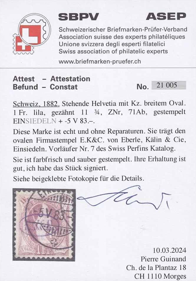 Schweiz stehende Helvetia 1882 Nr. 71Ab mit seltenem ovalem Firmenstempel E.K&C. von Eberle, Kälin & Cie – Bild 2