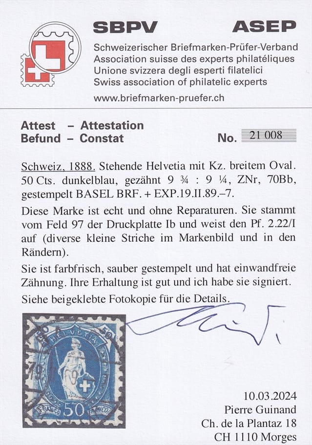 Schweiz stehende Helvetia 1888 Nr. 70Bb mit Pf. 2.22/I gestempelt BASEL – Bild 2
