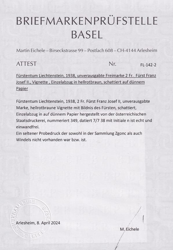 Liechtenstein 1938 unverausgabte Freimarke 2 Fr. Fürst Franz-Josef II - Vignette - Probedruck - Einzelabzug in hellrotbraun – Bild 2
