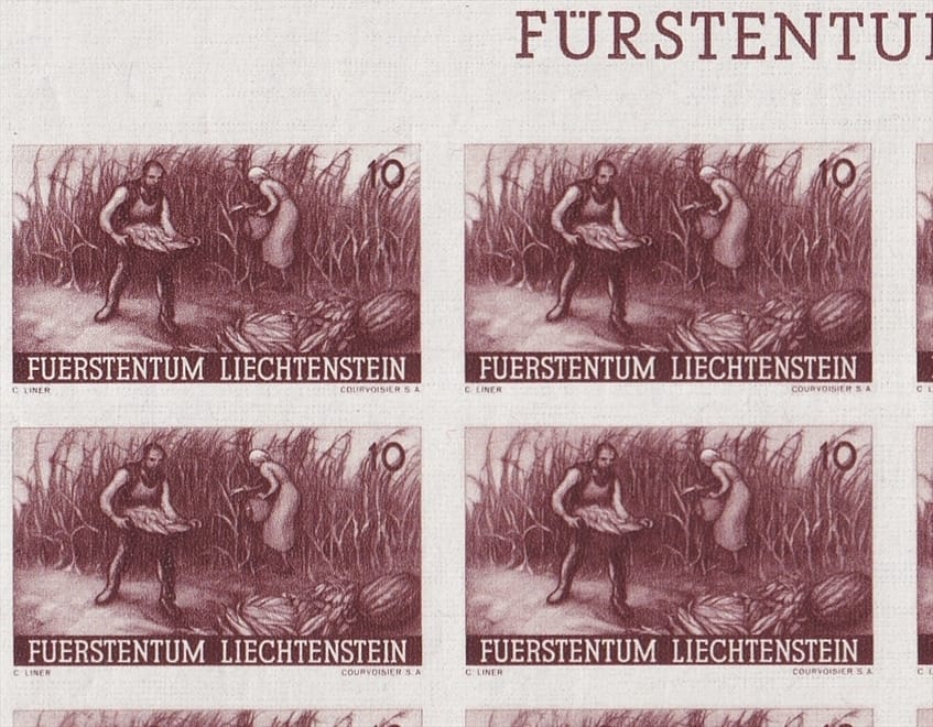 Liechtenstein 1941 Serie Mi. Nr. 192 U bis 196 U - 5 Bogenteile mit je 15 Marken ungezähnt postfrisch ** - mit Oberrand des Bogens – Bild 2