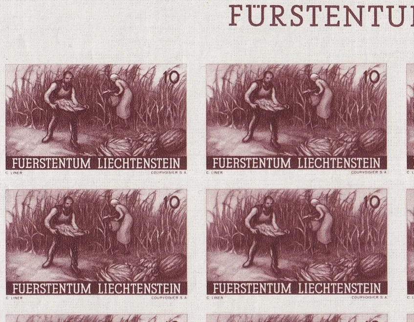 Liechtenstein 1941 Serie Mi. Nr. 192 U bis 196 U - 5 Bogenteile mit je 15 Marken ungezähnt postfrisch ** - mit Oberrand des Bogens – Bild 2