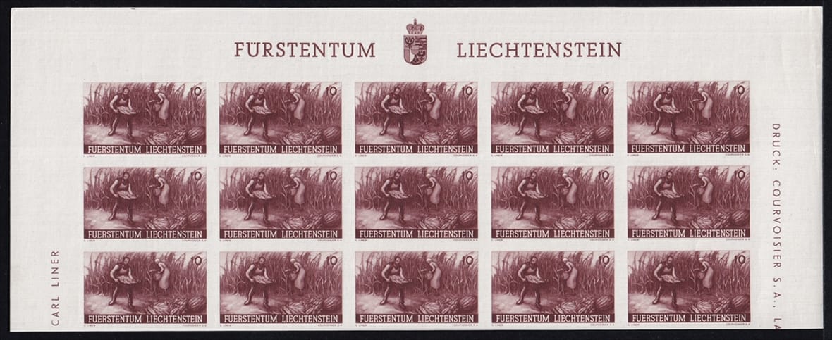 Liechtenstein 1941 Serie Mi. Nr. 192 U bis 196 U - 5 Bogenteile mit je 15 Marken ungezähnt postfrisch ** - mit Oberrand des Bogens – Bild 3