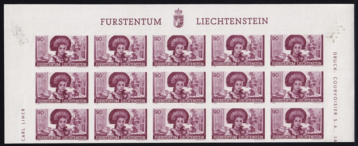 Liechtenstein 1941 Serie Mi. Nr. 192 U bis 196 U - 5 Bogenteile mit je 15 Marken ungezähnt postfrisch ** - mit Oberrand des Bogens – Bild 5