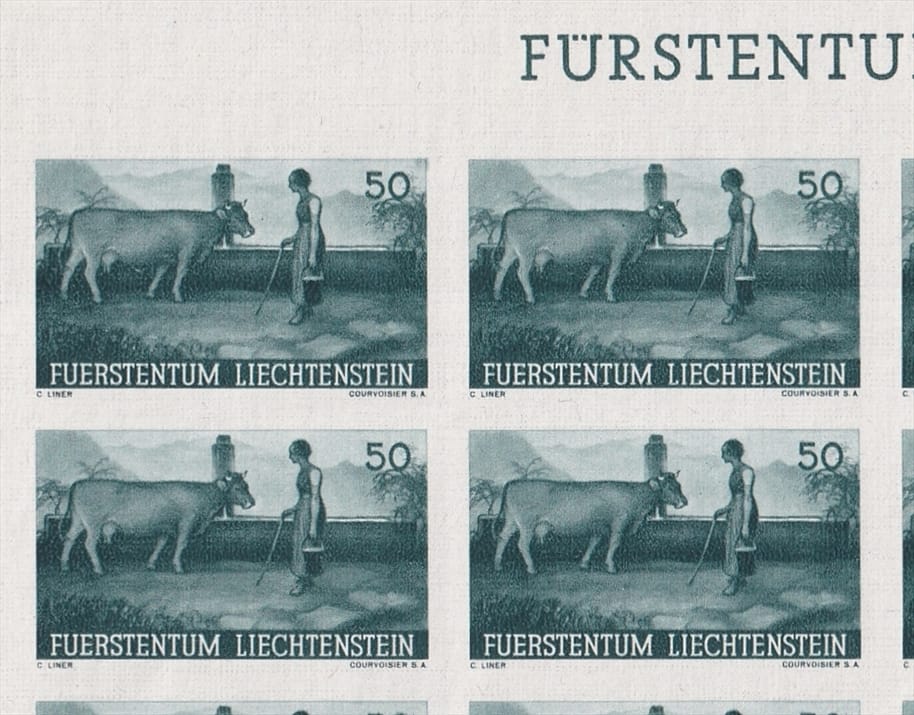 Liechtenstein 1941 Serie Mi. Nr. 192 U bis 196 U - 5 Bogenteile mit je 15 Marken ungezähnt postfrisch ** - mit Oberrand des Bogens – Bild 6