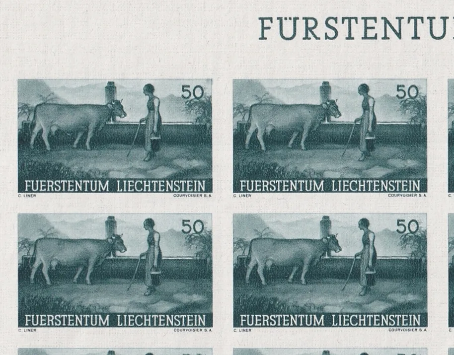 Liechtenstein 1941 Serie Mi. Nr. 192 U bis 196 U - 5 Bogenteile mit je 15 Marken ungezähnt postfrisch ** - mit Oberrand des Bogens – Bild 6