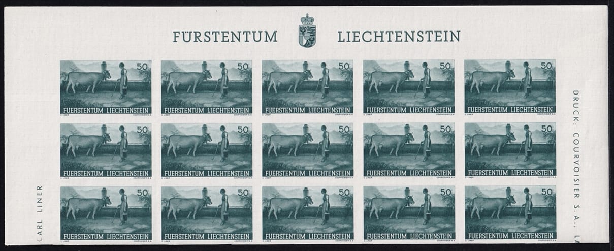 Liechtenstein 1941 Serie Mi. Nr. 192 U bis 196 U - 5 Bogenteile mit je 15 Marken ungezähnt postfrisch ** - mit Oberrand des Bogens – Bild 7