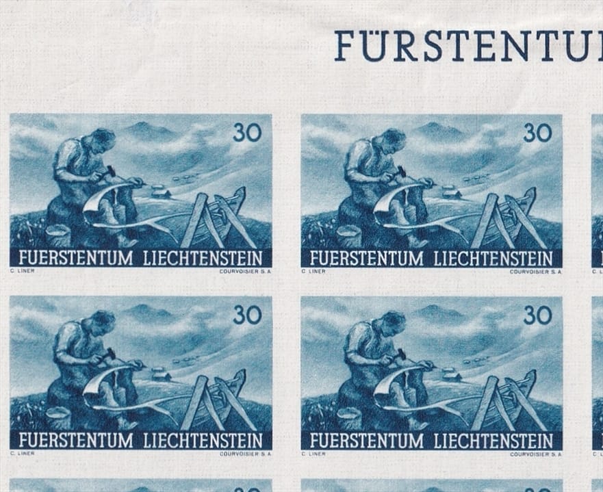 Liechtenstein 1941 Serie Mi. Nr. 192 U bis 196 U - 5 Bogenteile mit je 15 Marken ungezähnt postfrisch ** - mit Oberrand des Bogens – Bild 8