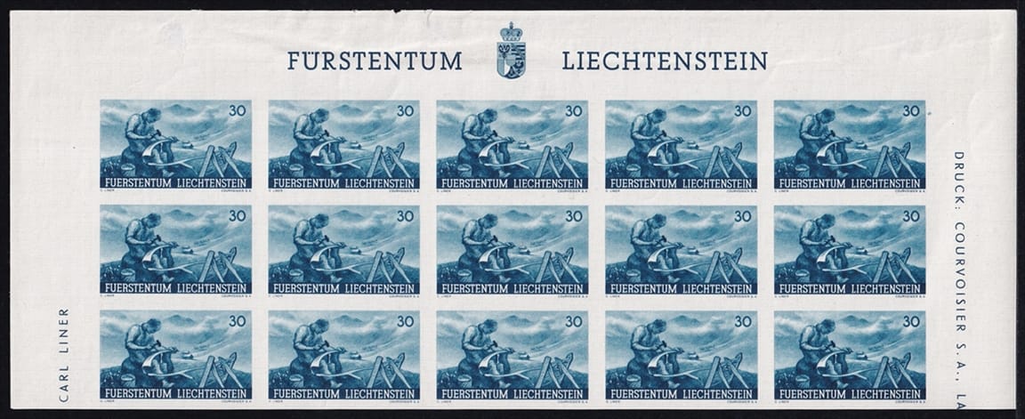 Liechtenstein 1941 Serie Mi. Nr. 192 U bis 196 U - 5 Bogenteile mit je 15 Marken ungezähnt postfrisch ** - mit Oberrand des Bogens – Bild 9