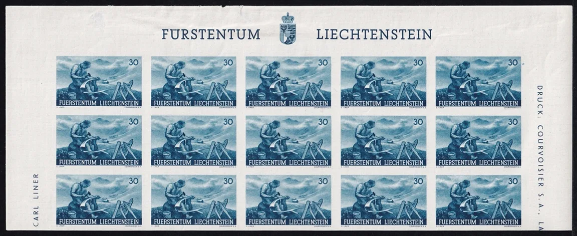 Liechtenstein 1941 Serie Mi. Nr. 192 U bis 196 U - 5 Bogenteile mit je 15 Marken ungezähnt postfrisch ** - mit Oberrand des Bogens – Bild 9