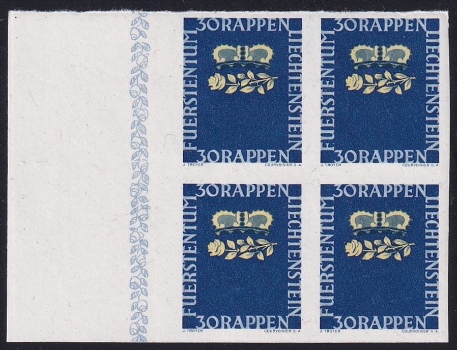 Liechtenstein 1945 Mi. Nr. 241 U "Geburt des Erbprinzen" 4er Block ungezähnt postfrisch ** - Probedruck ohne Goldschrift - Bogenrand links