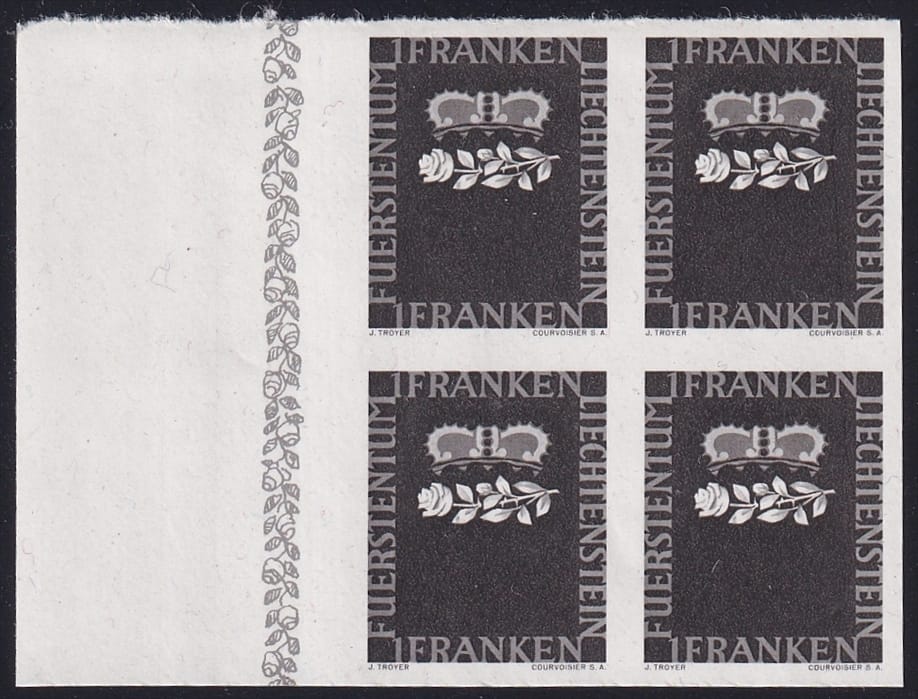 Liechtenstein 1945 Mi. Nr. 242 U "Geburt des Erbprinzen" 4er Block ungezähnt postfrisch ** - Probedruck ohne Goldschrift - Bogenrand links
