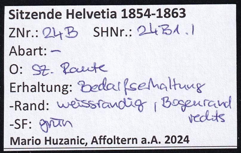 Schweiz Strubel SBK Nr. 24B - SH 24B1.I gestempelt schwarze eidg. Raute - weissrandig mit Bogenrand – Bild 2