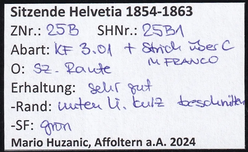 Schweiz Strubel SBK Nr. 25B - SH 25B1 gestempelt schwarze eidg. Raute - Klischeefehler 3.01 – Bild 2