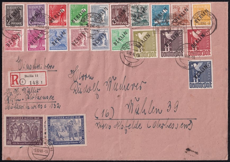 Berlin 1948 Serie Mi. Nr. 1 bis 20 "Schwarzaufdrucke" auf vollständigem grossformatigem R-Brief