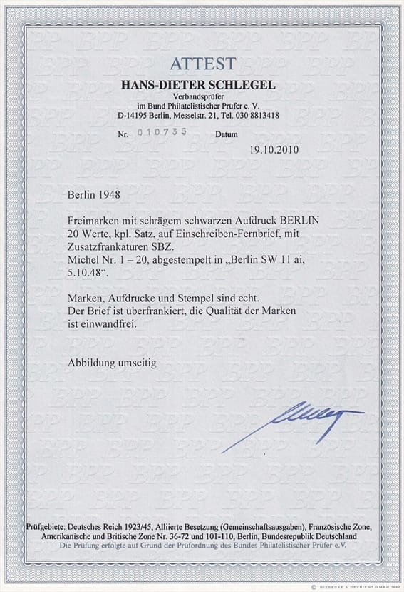 Berlin 1948 Serie Mi. Nr. 1 bis 20 "Schwarzaufdrucke" auf vollständigem grossformatigem R-Brief – Bild 3