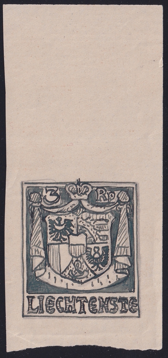 Liechtenstein 1934 Wappen 3 Rp. Tintenskizze vermutlich von "Hermann Clemens Kosel"