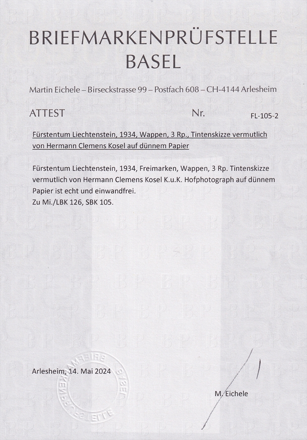 Liechtenstein 1934 Wappen 3 Rp. Tintenskizze vermutlich von "Hermann Clemens Kosel" – Bild 2