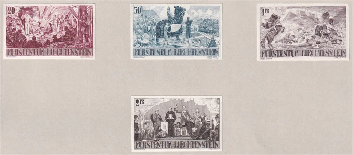 Liechtenstein 1942 Freimarken Nr. 202, 203, 205 und 206 P - Probedrucke - Einzelabzüge auf Bogen