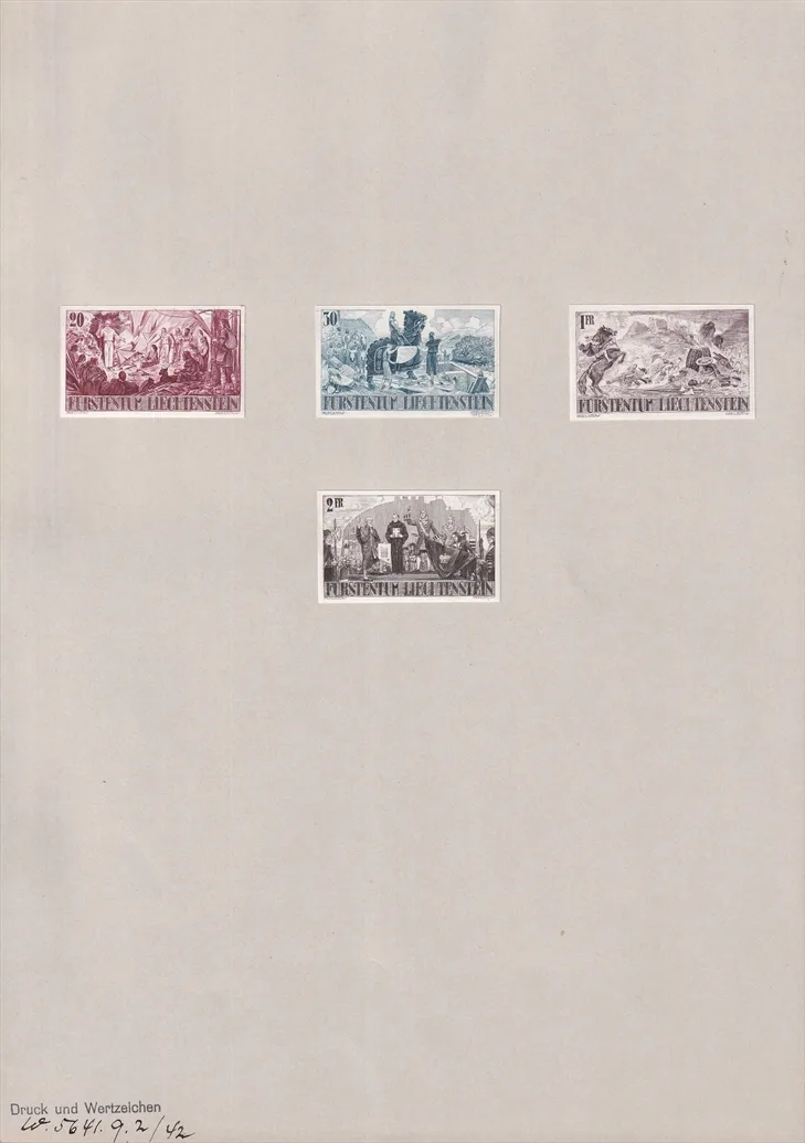 Liechtenstein 1942 Freimarken Nr. 202, 203, 205 und 206 P - Probedrucke - Einzelabzüge auf Bogen – Bild 3