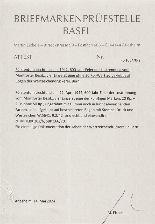 Liechtenstein 1942 Freimarken Nr. 202, 203, 205 und 206 P - Probedrucke - Einzelabzüge auf Bogen – Bild 4