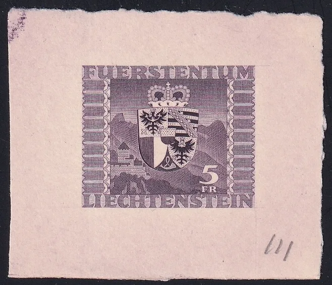 Liechtenstein 1945 Mi. Nr. 243 ungezähnte Farbprobe - Einzelabzug in dunkelrotviolett ohne Gummi auf Kartonpapier