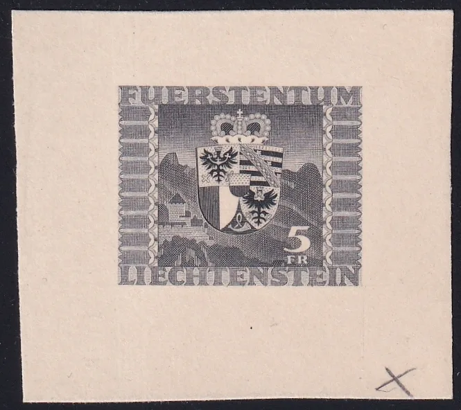 Liechtenstein 1945 Mi. Nr. 243 ungezähnte Farbprobe - Einzelabzug in grau ohne Gummi auf Kartonpapier
