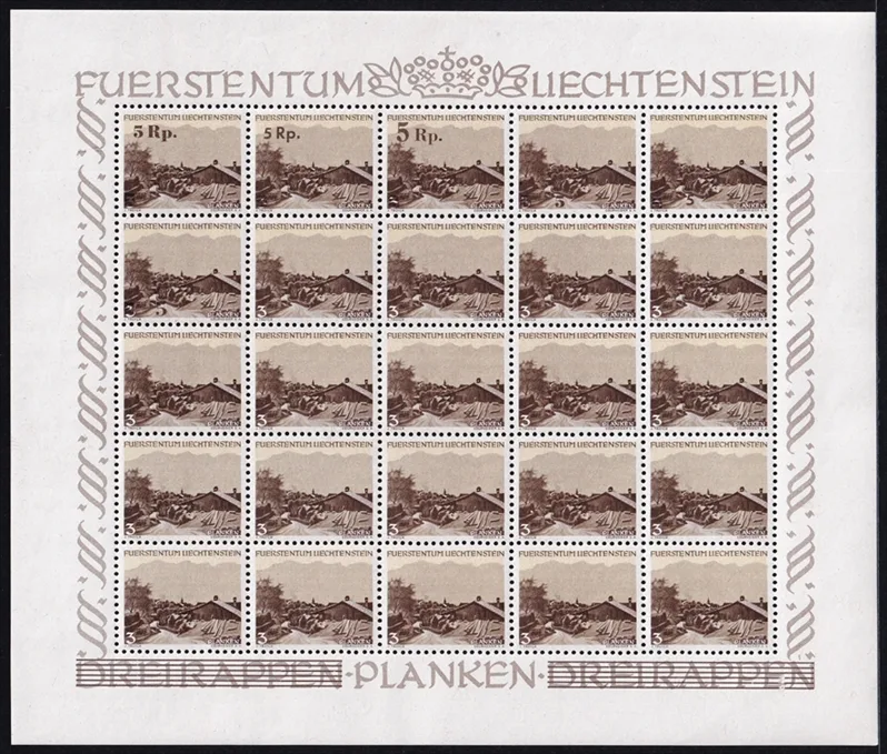 Liechtenstein 1949 Mi. Nr. 267 - vollständiger Originalbogen mit Aufdruckproben