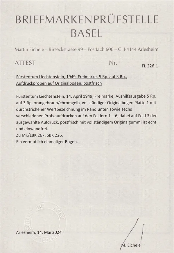 Liechtenstein 1949 Mi. Nr. 267 - vollständiger Originalbogen mit Aufdruckproben – Bild 2