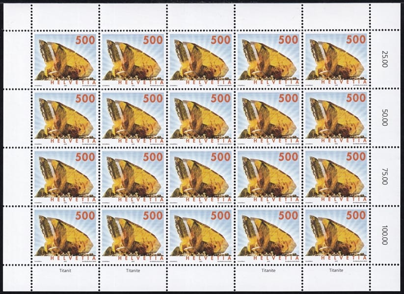 Schweiz 2002 SBK Nr. 1066 "Mineralien - Titanit" 20er Bogen CHF 5.00er postfrisch zum Frankieren