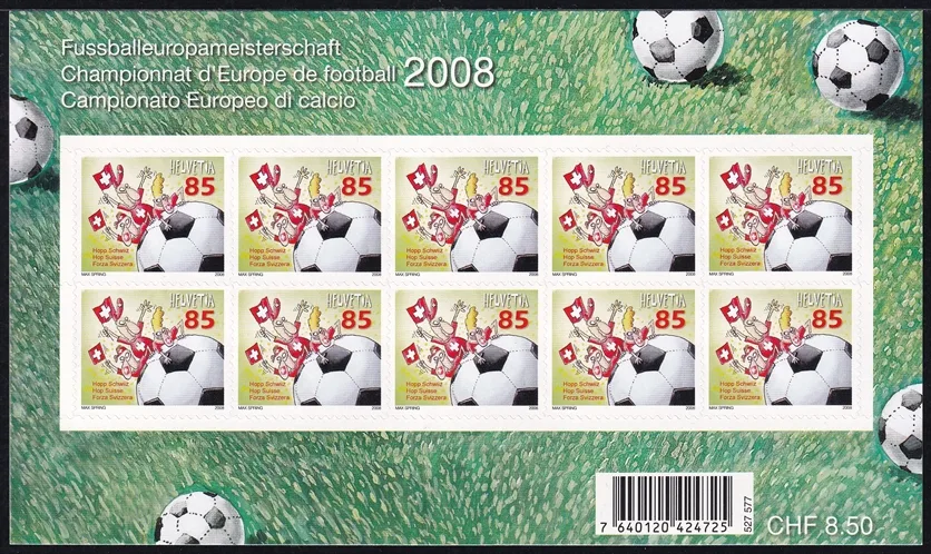 Schweiz 2008 SBK Nr. 1275B "Fussballeuropameisterschaft - Hopp Schwiiz" Kleinbogen postfrisch selbstklebend