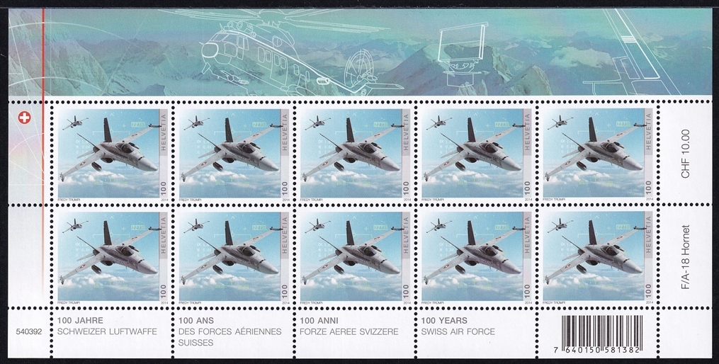 Schweiz 2014 SBK Nr. 1493 "100 Jahre Schweizer Luftwaffe - F/A-18 Hornet" Kleinbogen postfrisch